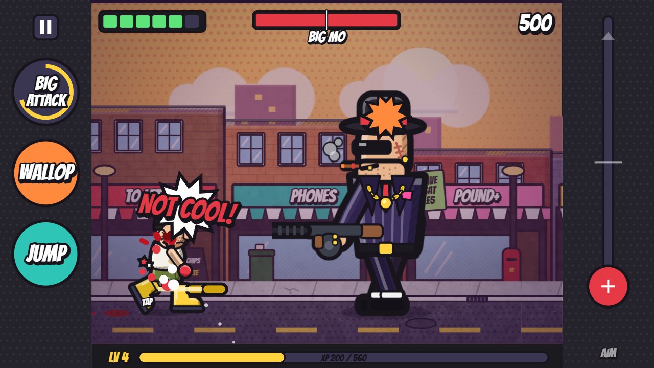 Haroldinho fighting Big Mo, who has a tommy gun