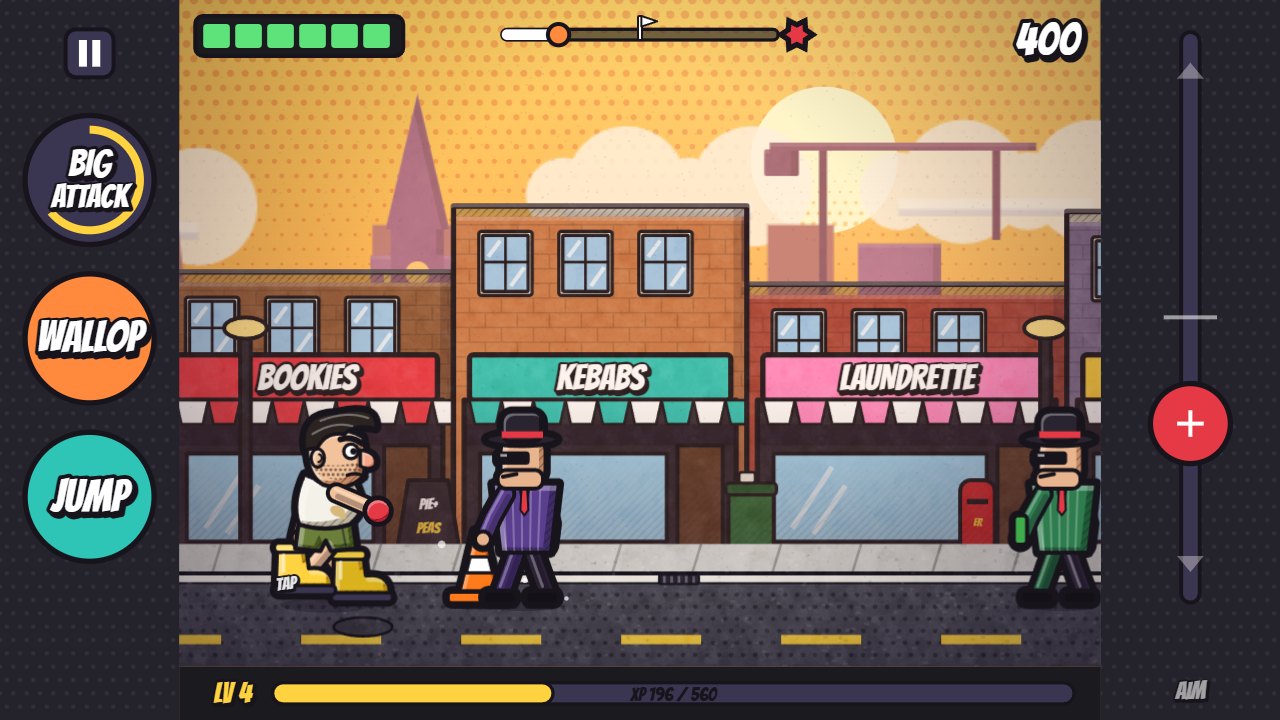 Haroldinho on the High Street, with Hat Crew goons coming at him